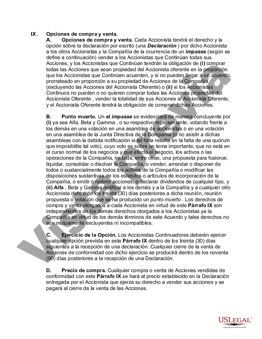 Preview Accionistas Acuerdo de compra venta de acciones en una corporación cerrada con disposiciones de no competencia