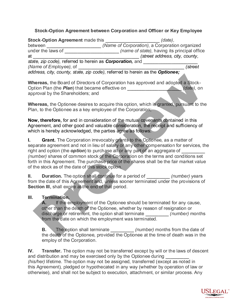 page 0 Stock Option Agreement between Corporation and Officer or Key Employee preview