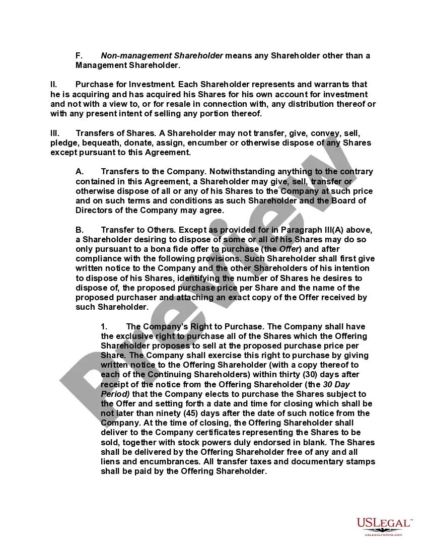 Get Shareholders Buy Sell Agreement of Stock in a Close Corporation with Agreement of Spouse and Stock Transfer Restrictions Preview Shareholders Buy Sell Agreement of Stock in a Close Corporation with Agreement of Spouse and Stock Transfer Restrictions