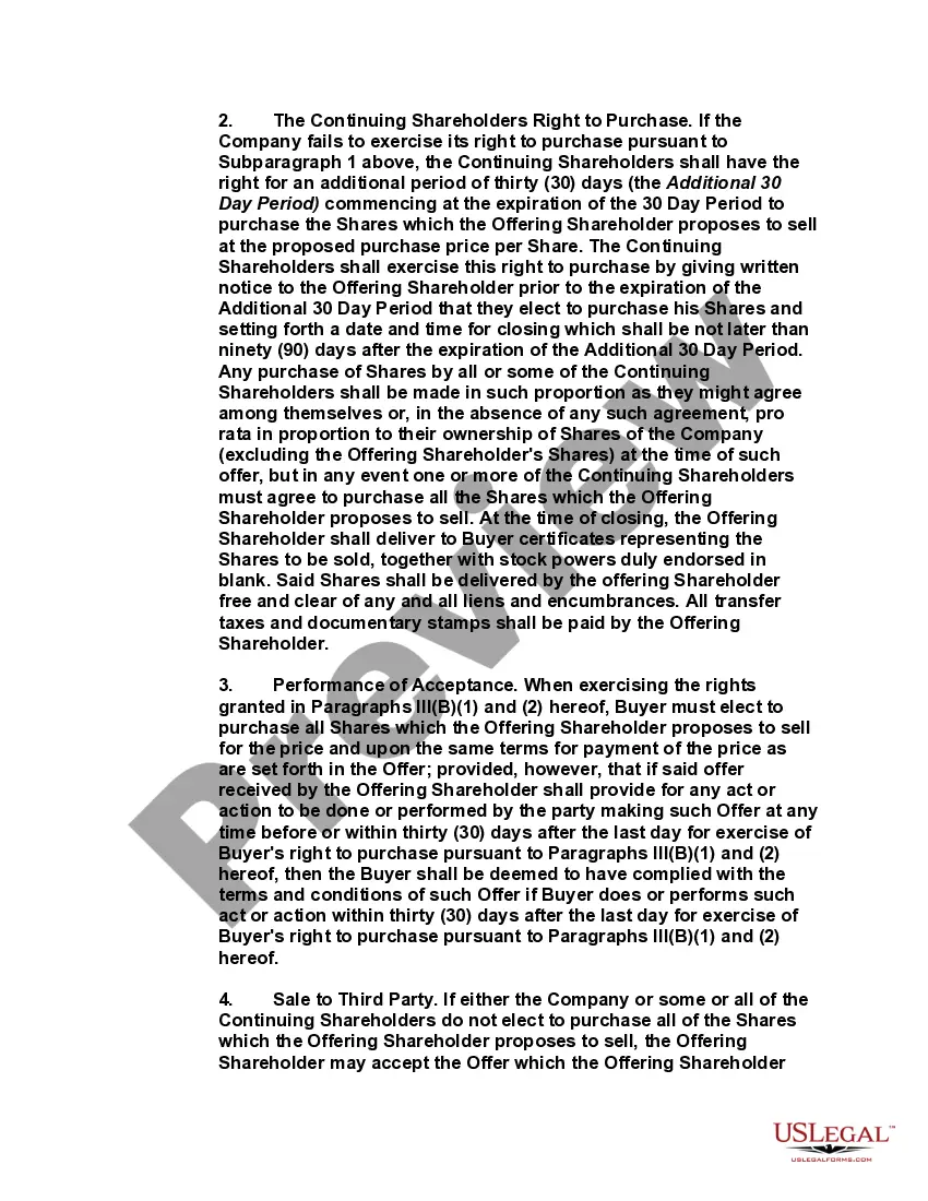 Get Shareholders Buy Sell Agreement of Stock in a Close Corporation with Agreement of Spouse and Stock Transfer Restrictions Preview Shareholders Buy Sell Agreement of Stock in a Close Corporation with Agreement of Spouse and Stock Transfer Restrictions