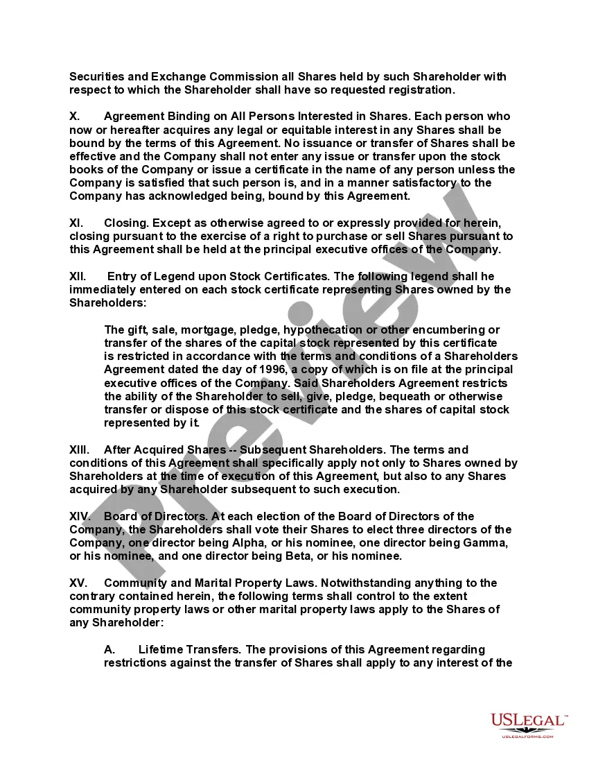 Get Shareholders Buy Sell Agreement of Stock in a Close Corporation with Agreement of Spouse and Stock Transfer Restrictions Preview Shareholders Buy Sell Agreement of Stock in a Close Corporation with Agreement of Spouse and Stock Transfer Restrictions
