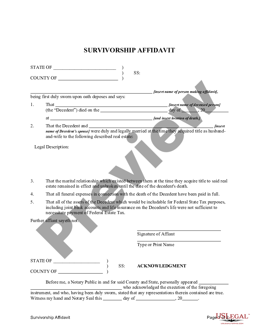 Survivorship Affidavit Right Of Survivorship On Deed US Legal Forms