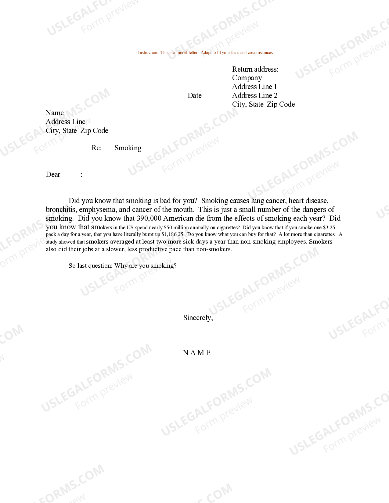 Hawaii Sample Letter to Encourage Cessation of Smoking US Legal Forms