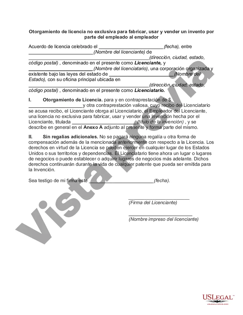 Preview Otorgamiento de licencia no exclusiva para fabricar, usar y vender una invención por parte del empleado al empleador