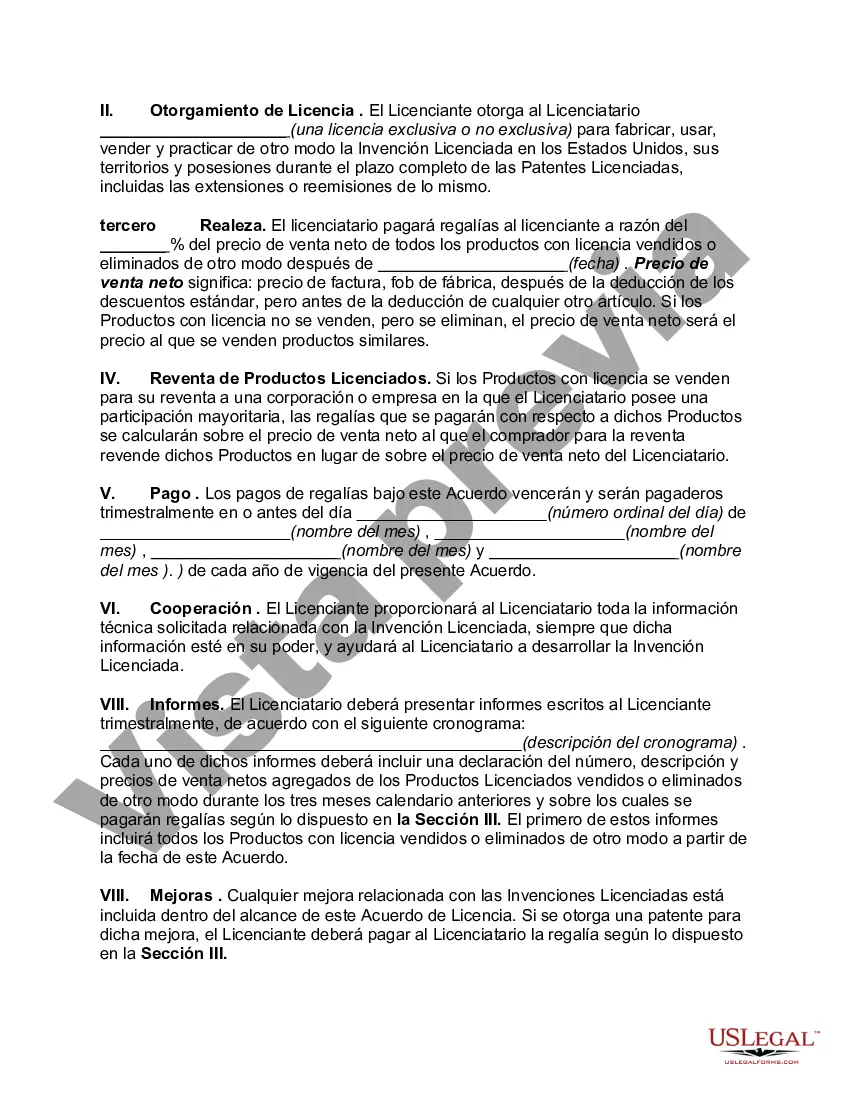 Preview Acuerdo de regalías y licencia de derechos bajo patente