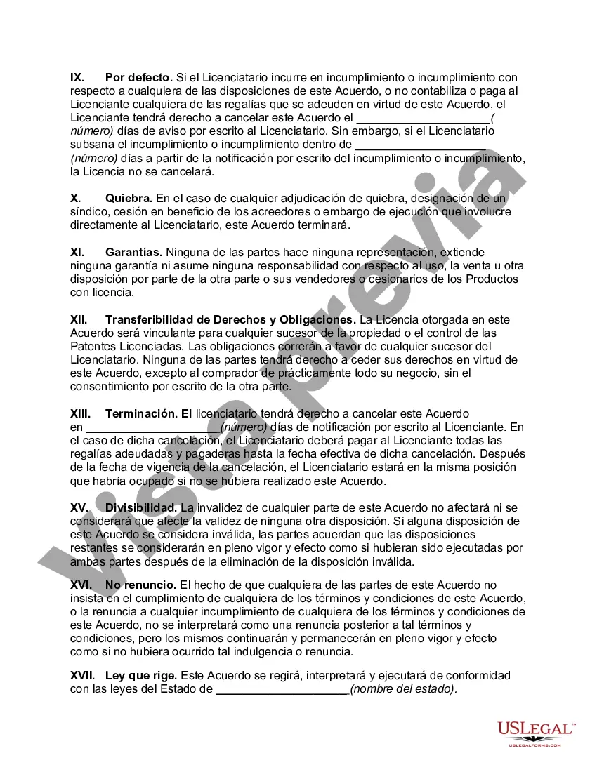Preview Acuerdo de regalías y licencia de derechos bajo patente