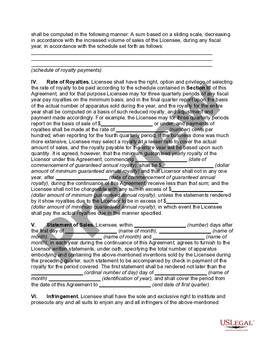 Preview Exclusive License Agreement for Patent with Schedule of Royalties