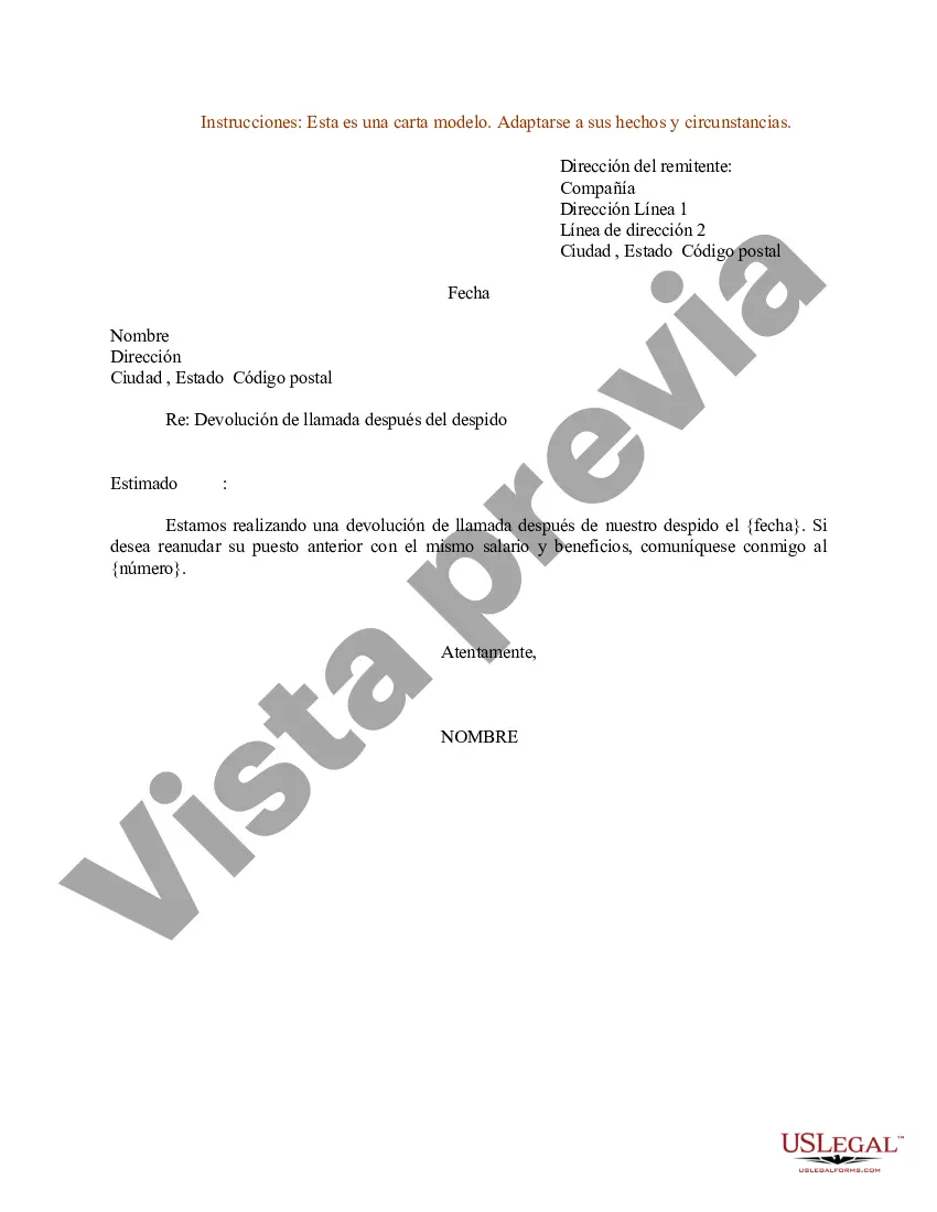 Preview Ejemplo de carta para devolución de llamada después de un despido