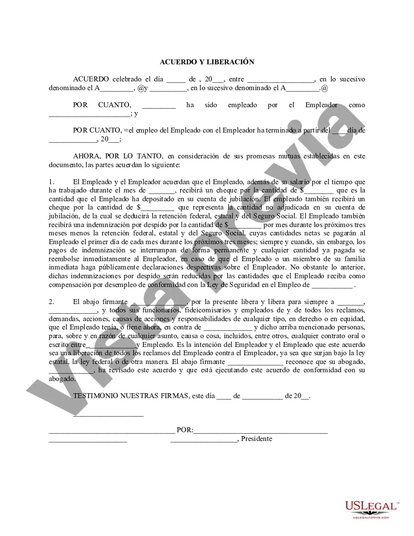 Preview Acuerdo y liberación con respecto a la terminación del empleo