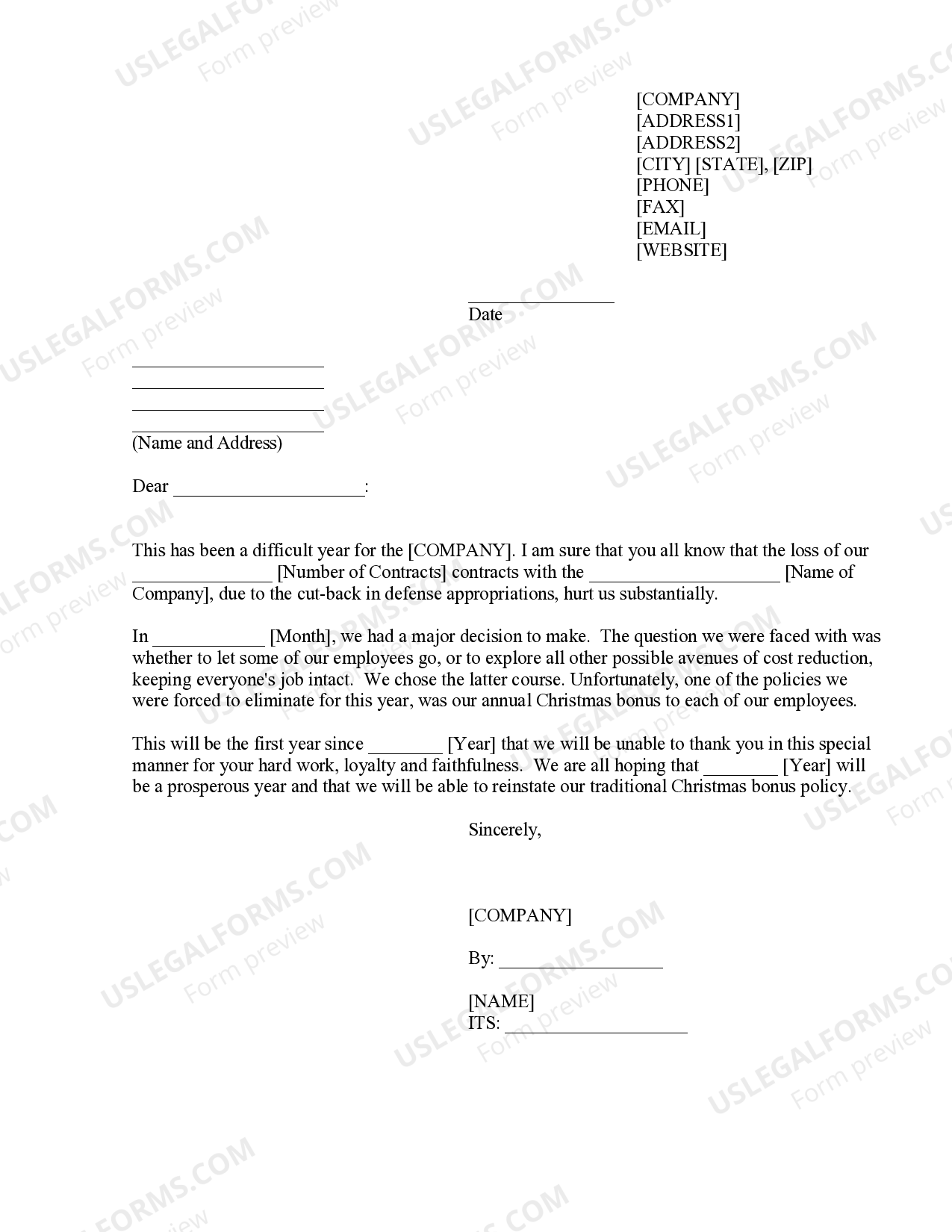 Notice to Employees for Bonus Cancellation US Legal Forms