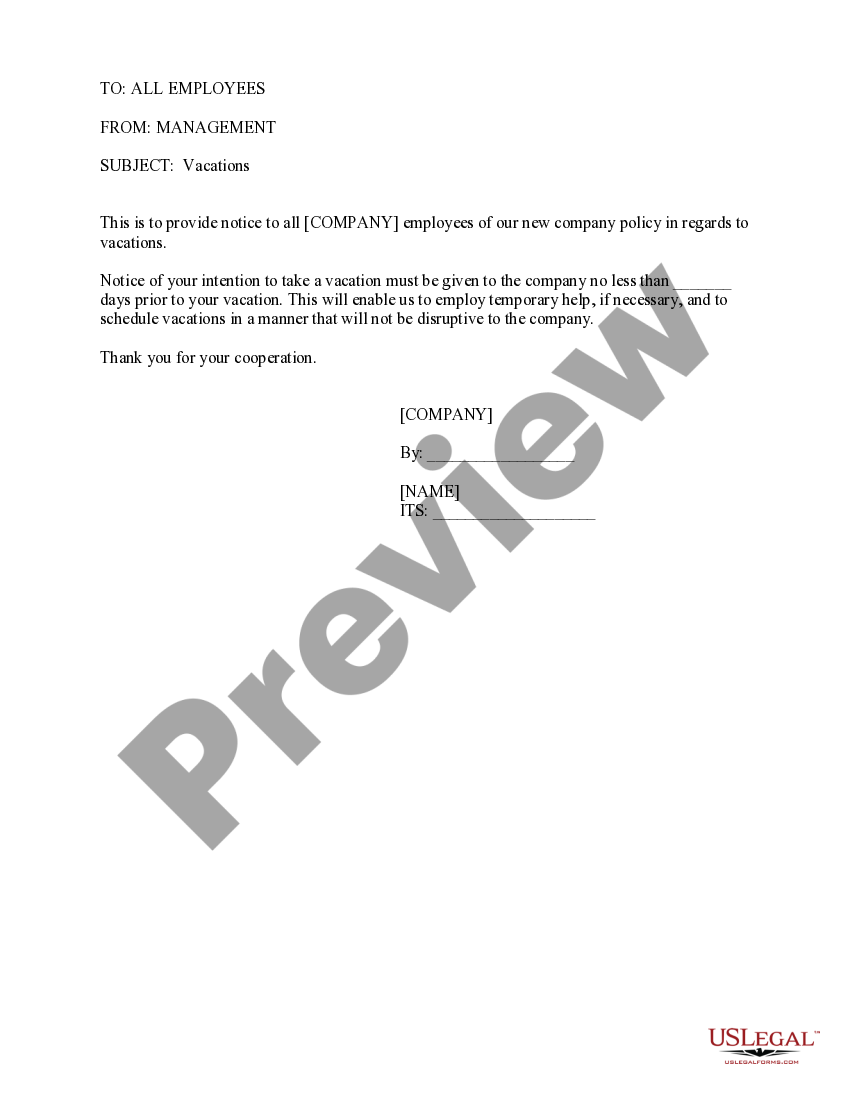 Notice to Employees of New Vacation Policy US Legal Forms