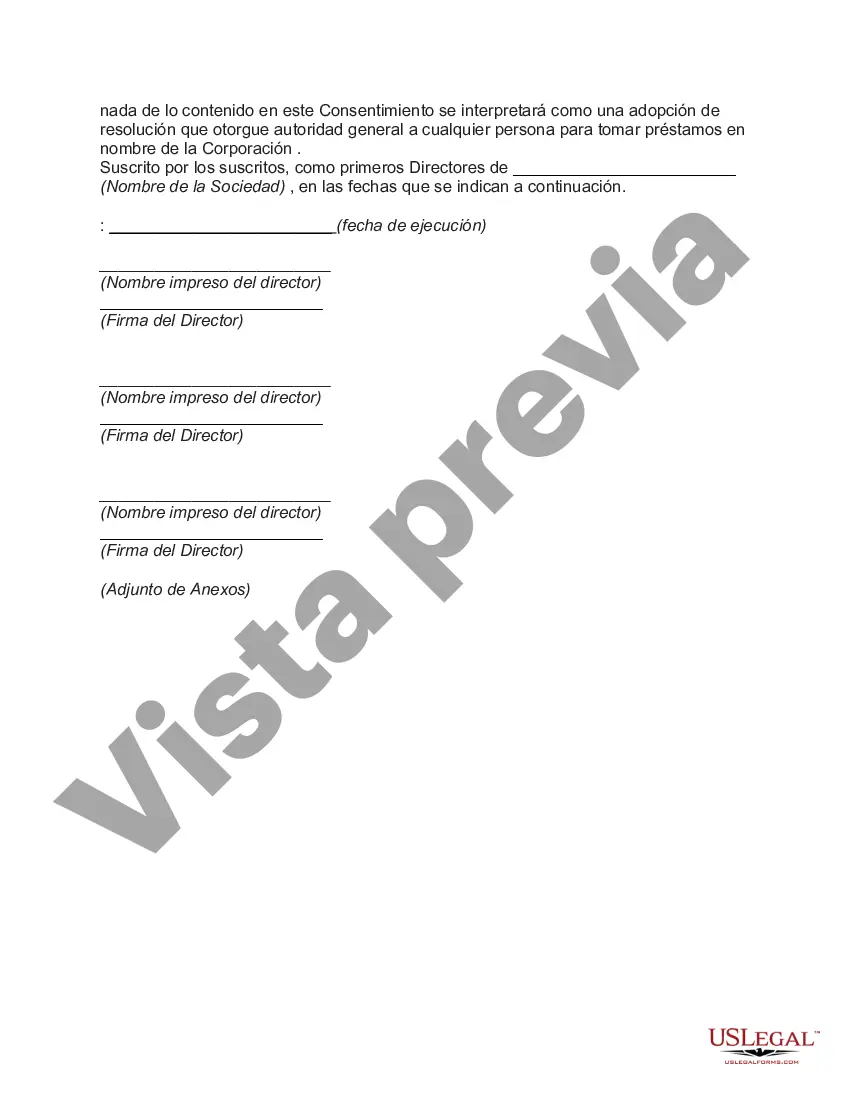 Preview Consentimiento escrito unánime de los directores de la corporación en lugar de una reunión organizativa