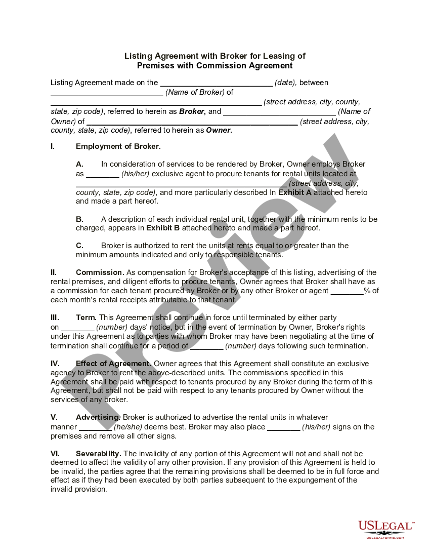 Listing Agreement with Broker for Leasing of Premises with Commission ...