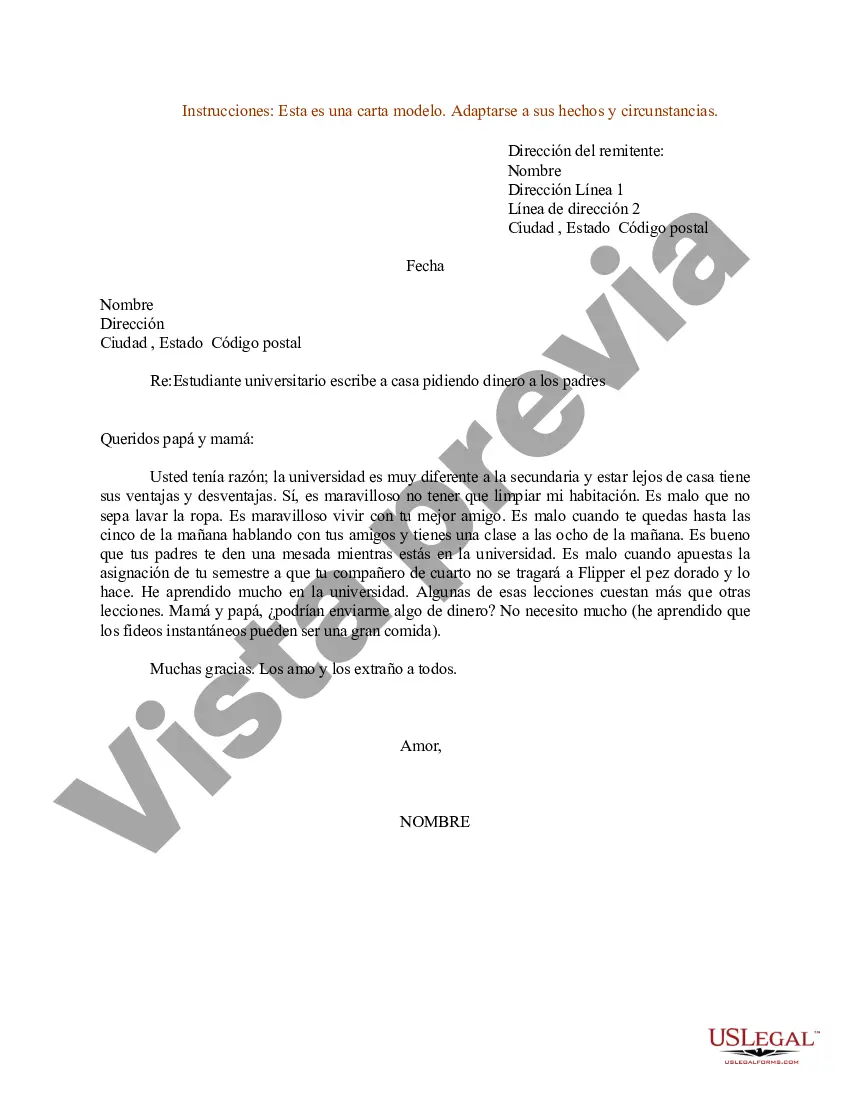 Preview Ejemplo de carta para estudiante universitario solicitando a los padres que envíen dinero