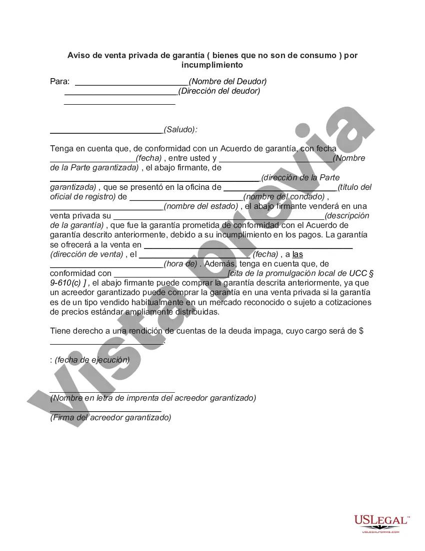 Preview Aviso de venta privada de garantía (bienes que no son de consumo) por incumplimiento