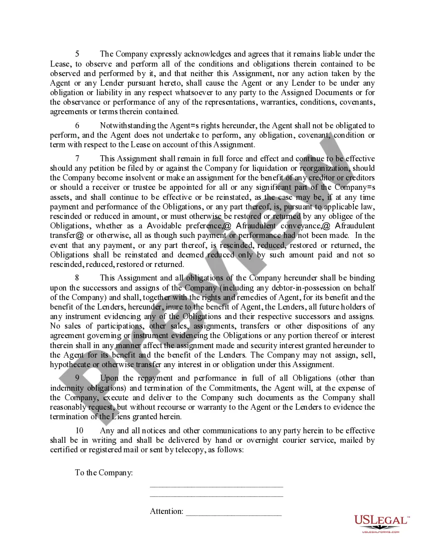Preview Collateral Assignment of Lease