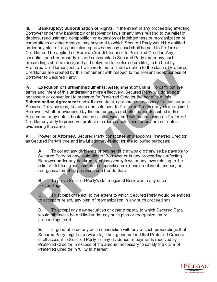 Get Subordination Agreement to Include Future Indebtedness to Secured Party Preview Subordination Agreement to Include Future Indebtedness to Secured Party