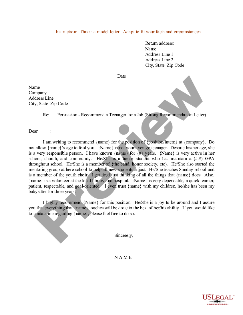 Letter Of Recommendation For A Teenager Former Employee | US Legal Forms