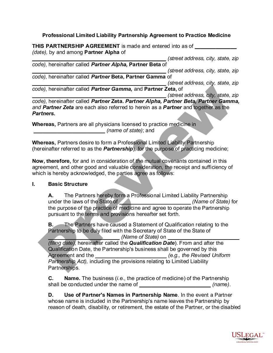 page 0 Professional Limited Liability Partnership Agreement to Practice Medicine preview
