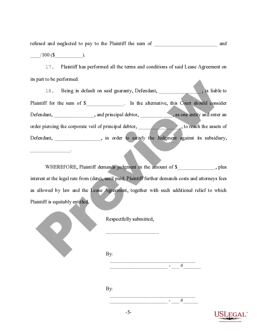 Preview Complaint in Federal Court For Commercial Lease Matter