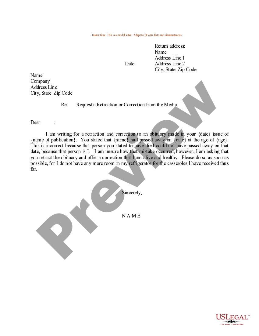 Illinois Sample Letter for Request a Retraction or Correction from the