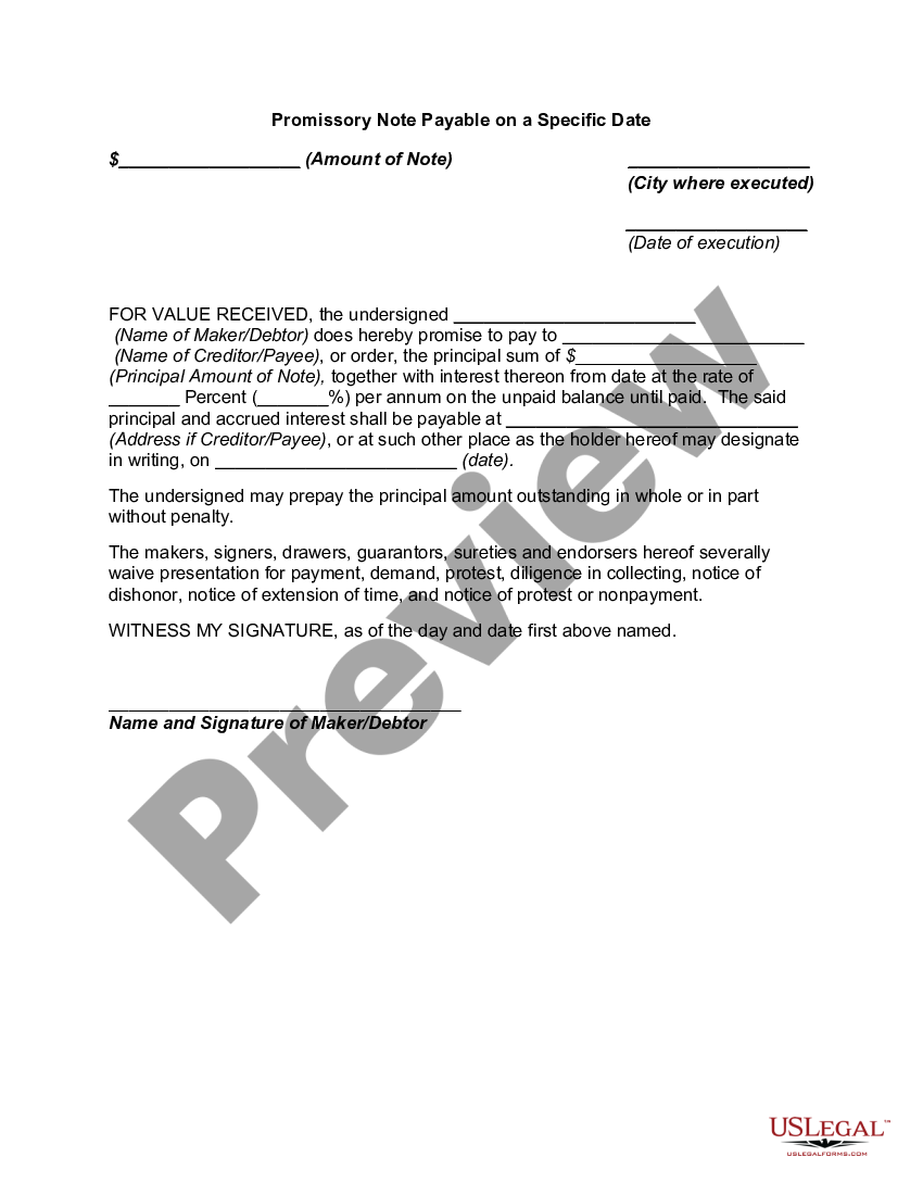 Louisiana Promissory Note Payable on a Specific Date Promissory Note