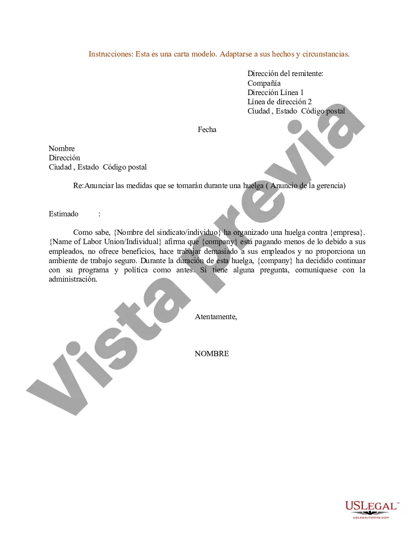 Preview Modelo de carta para anunciar las medidas que se tomarán durante una huelga (anuncio de la gerencia)