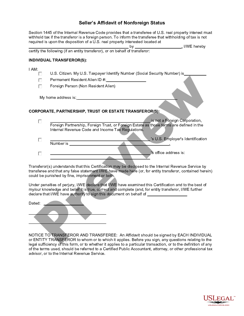 Sellers Affidavit Of Nonforeign Status Seller Affidavit Document Us Legal Forms 0797