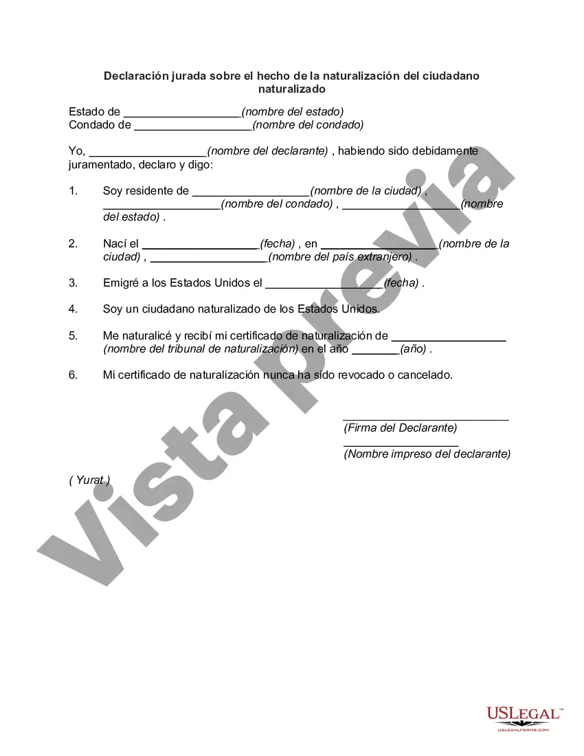 Preview Declaración jurada sobre el hecho de la naturalización del ciudadano naturalizado
