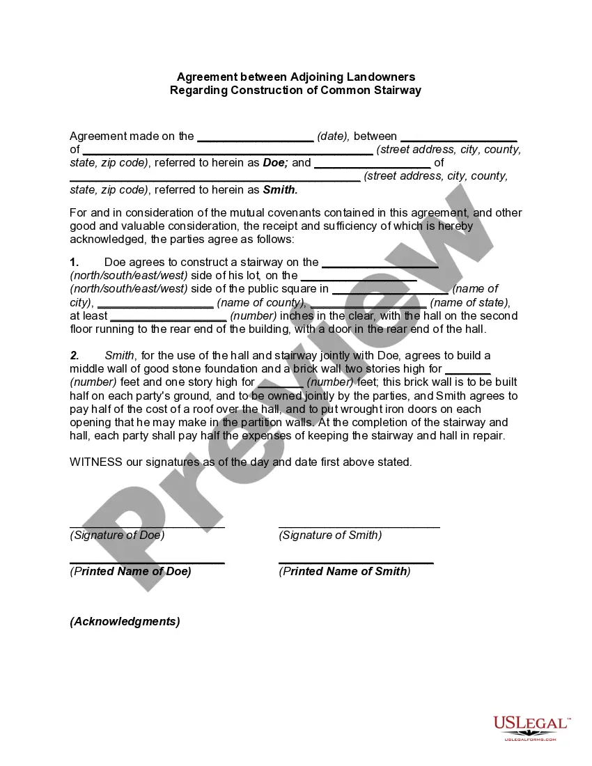 Get Agreement between Adjoining Landowners Regarding Construction of Common Stairway Preview Agreement between Adjoining Landowners Regarding Construction of Common Stairway