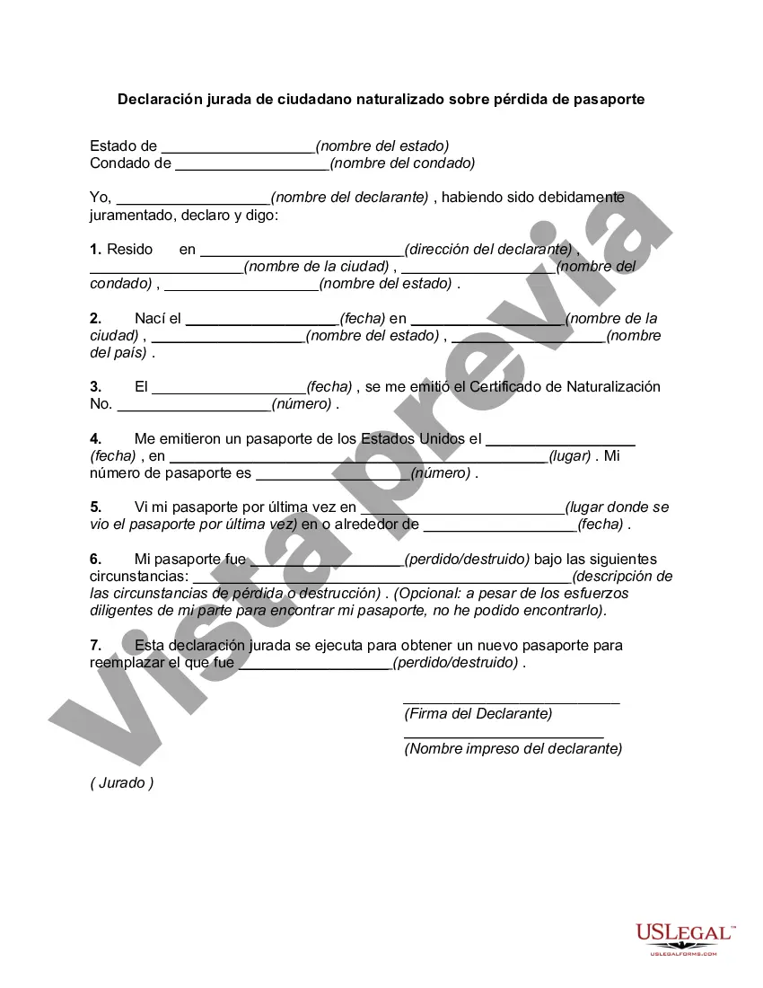 Preview Declaración jurada de ciudadano naturalizado sobre pérdida de pasaporte