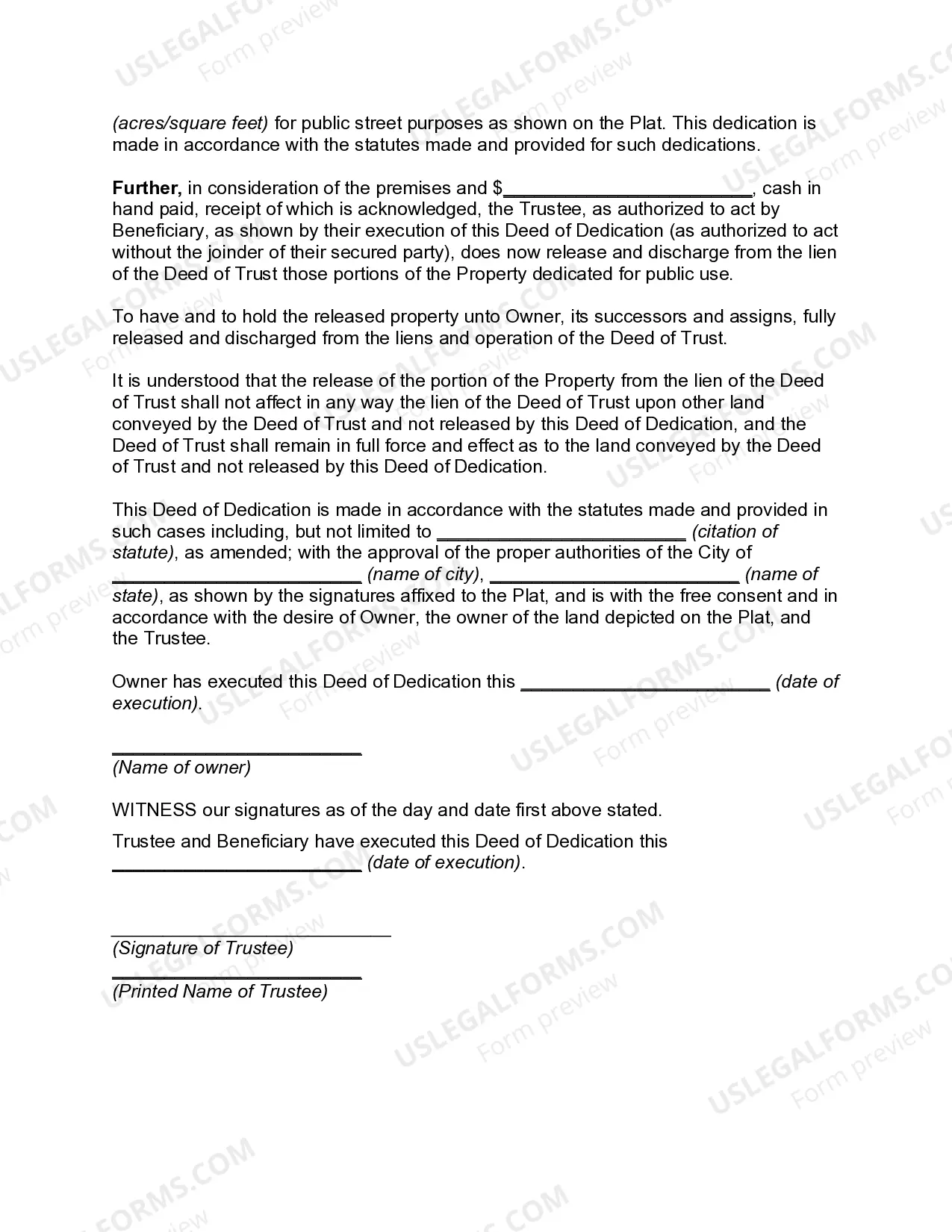 Preview Deed Dedicating Land to City for Public Street Purposes with Release of Lien of Deed of Trust