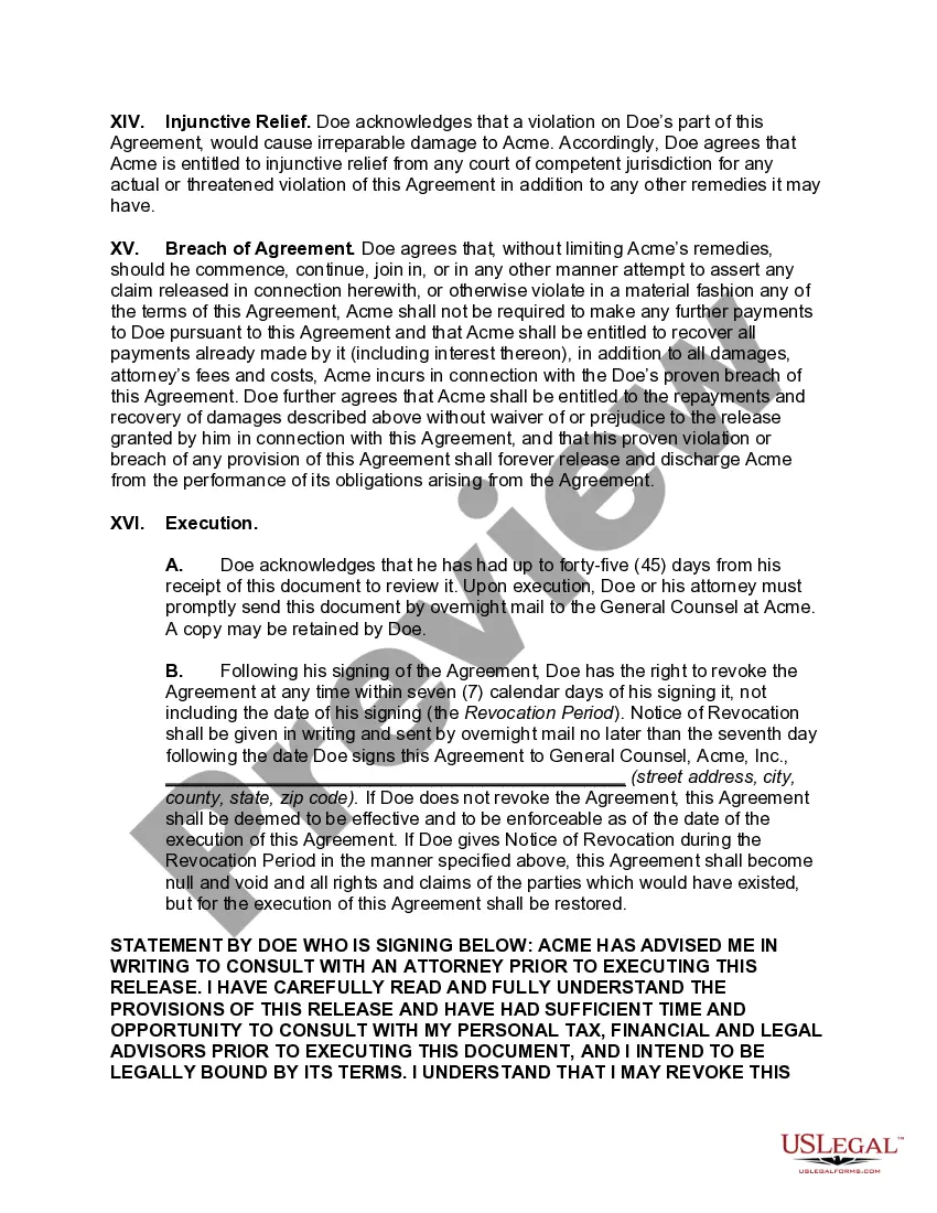 Preview Waiver and Nondisclosure Agreement of Executive Employee Upon Termination by Employer