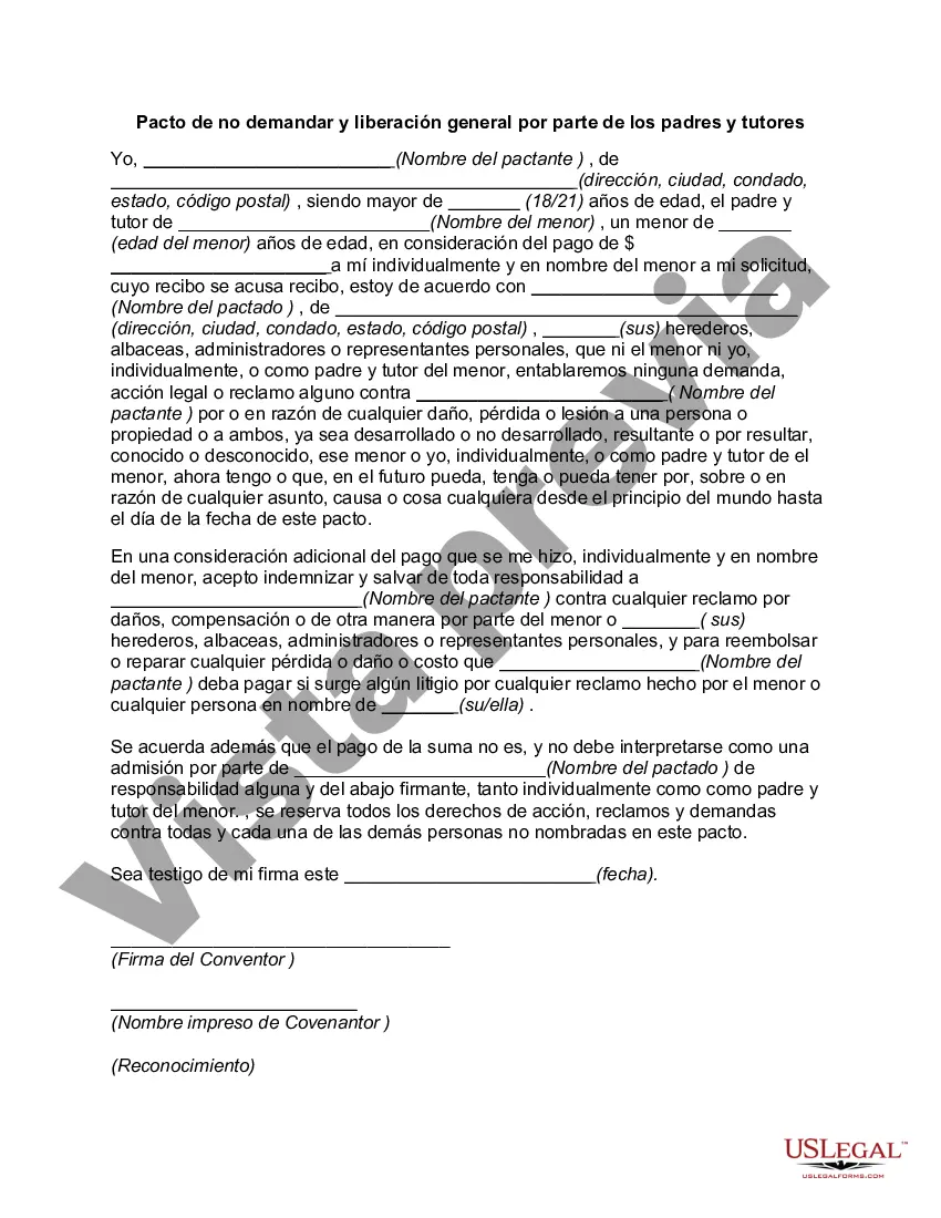 Preview Pacto de no demandar y liberación general por parte de los padres y tutores