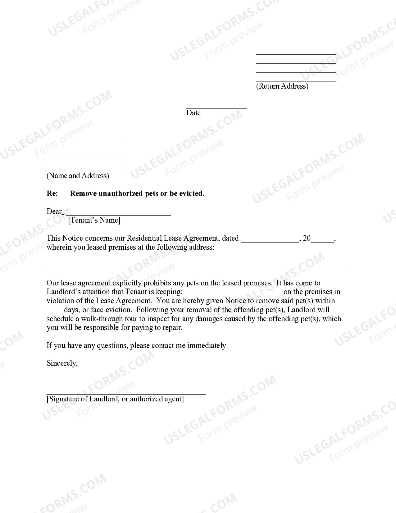 Letter from Landlord to Tenant as Notice to Remove Unauthorized Pets ...