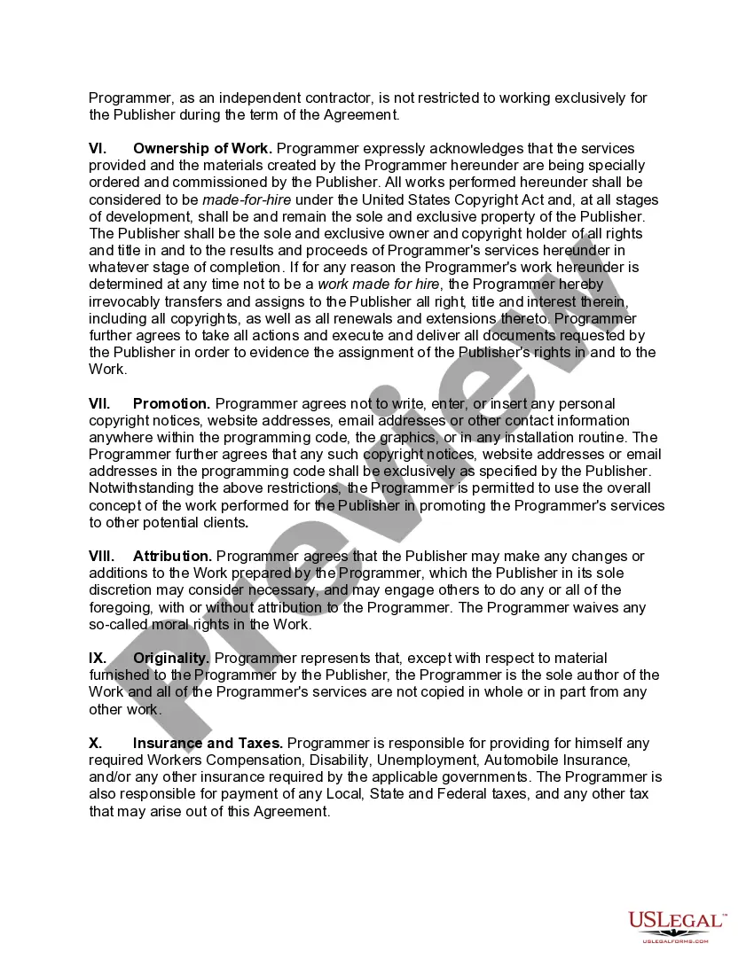 Preview Agreement between Publisher and Programmer Regarding Software Programming Services