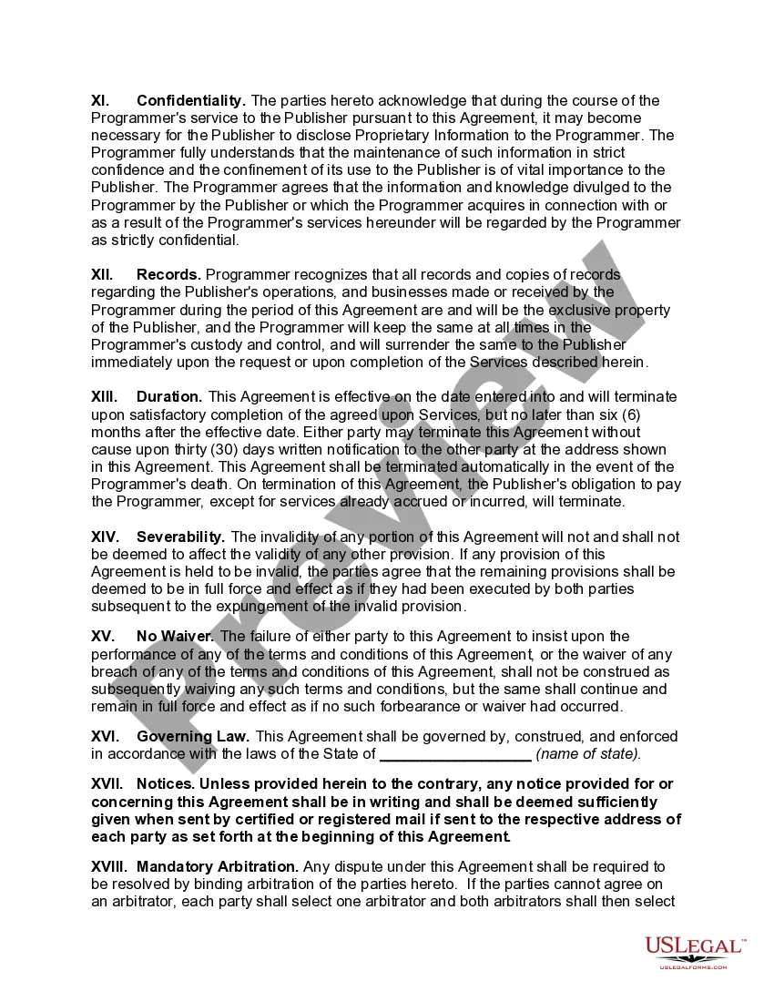 Preview Agreement between Publisher and Programmer Regarding Software Programming Services