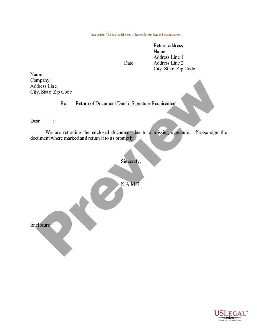Preview Sample Letter for Return of Document Due to Signature Requirement