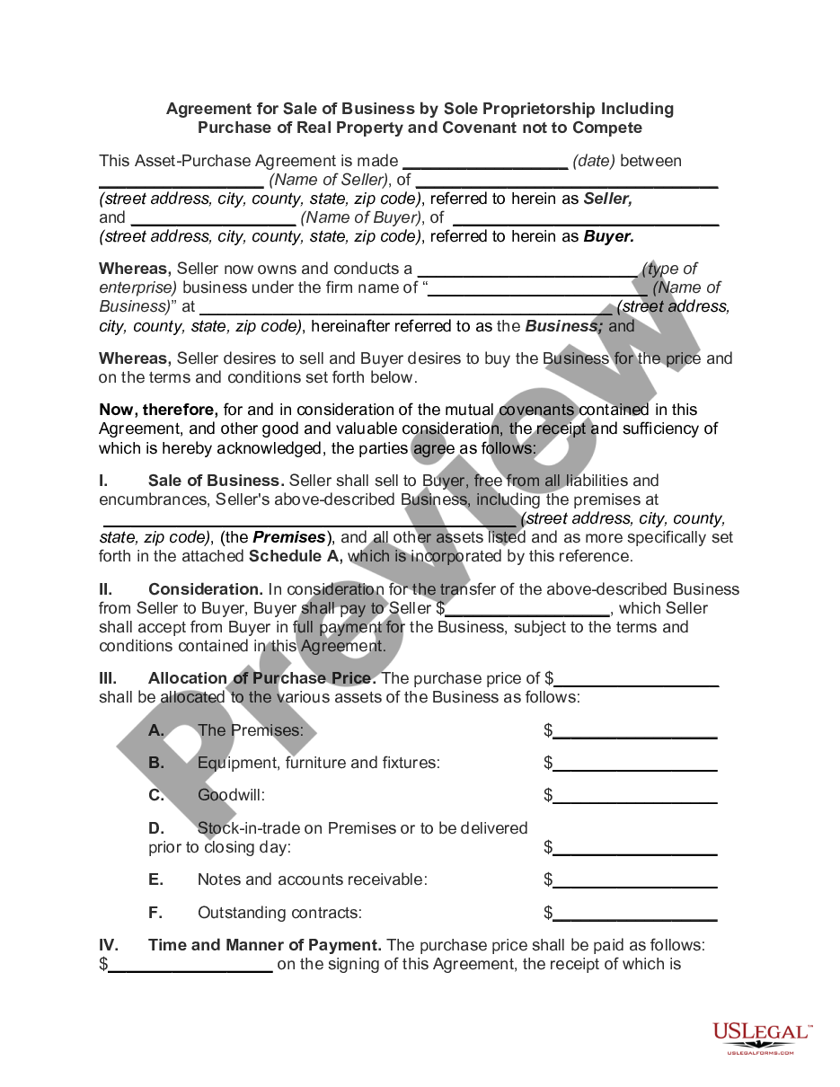 page 0 Agreement for Sale of Business by Sole Proprietorship including Purchase of Real Property preview