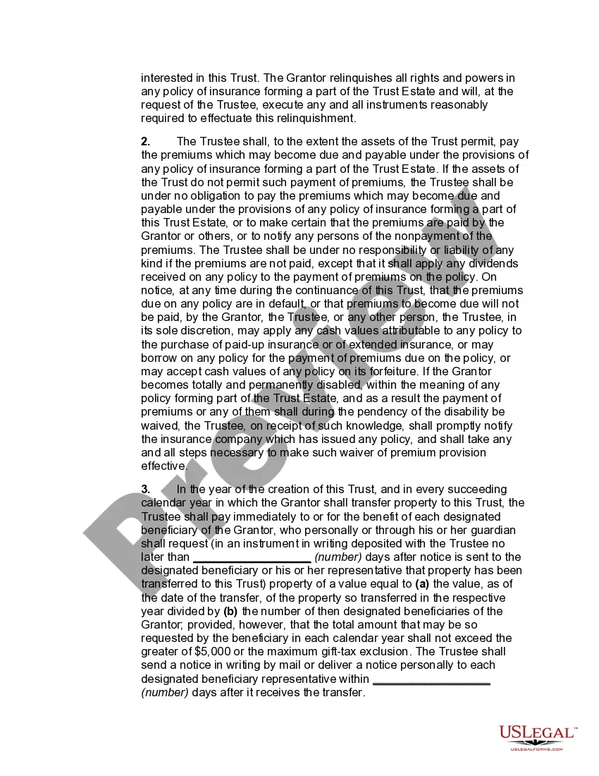 Preview Irrevocable Life Insurance Trust - Beneficiaries Have Crummey Right of Withdrawal