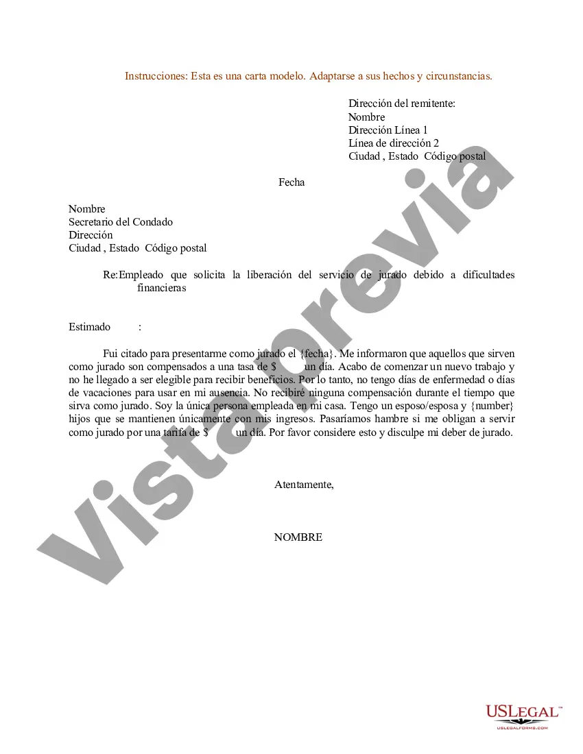 Preview Modelo de carta para el empleado que solicita la liberación del servicio de jurado debido a dificultades financieras