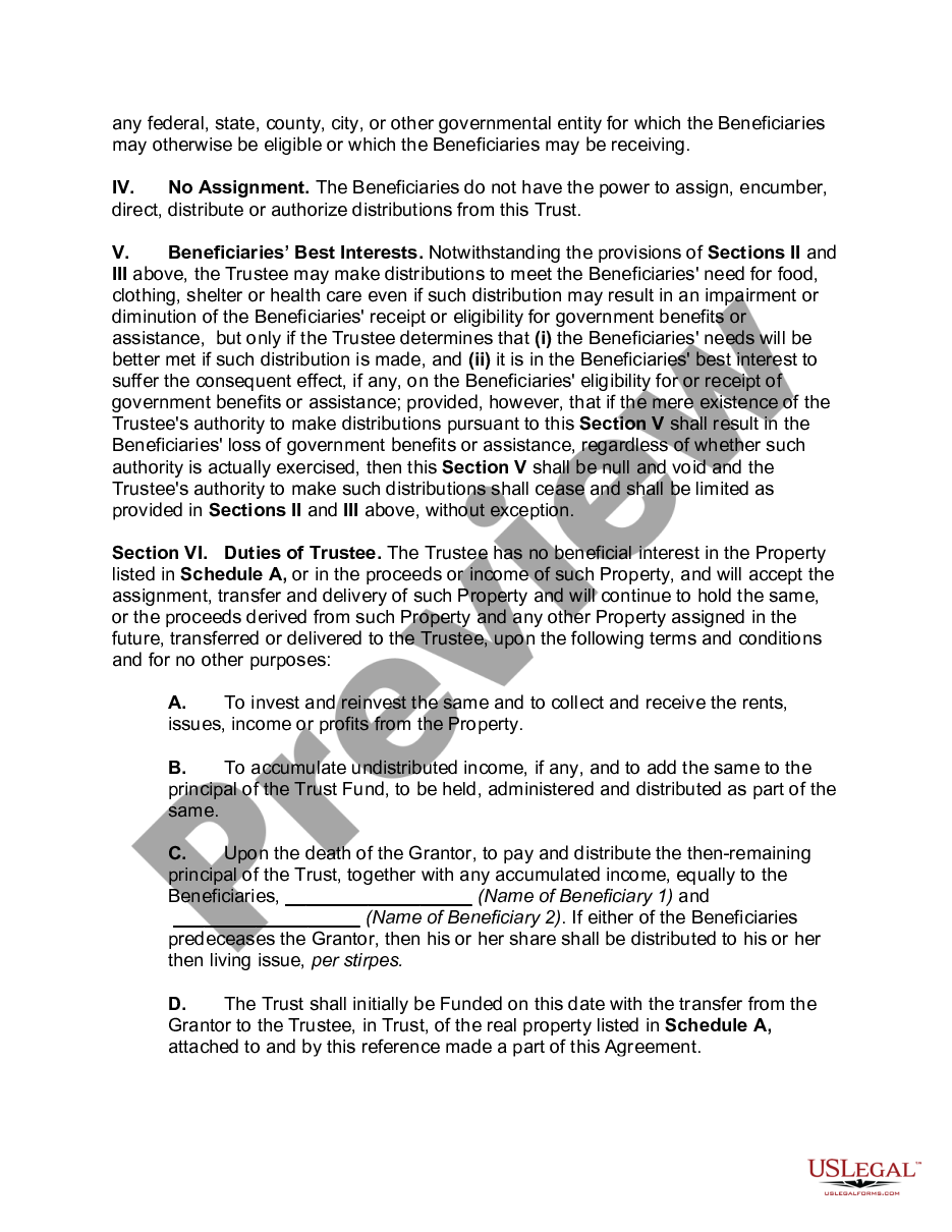 page 1 Irrevocable Trust Agreement Setting up Special Needs Trust for Benefit of Multiple Children preview
