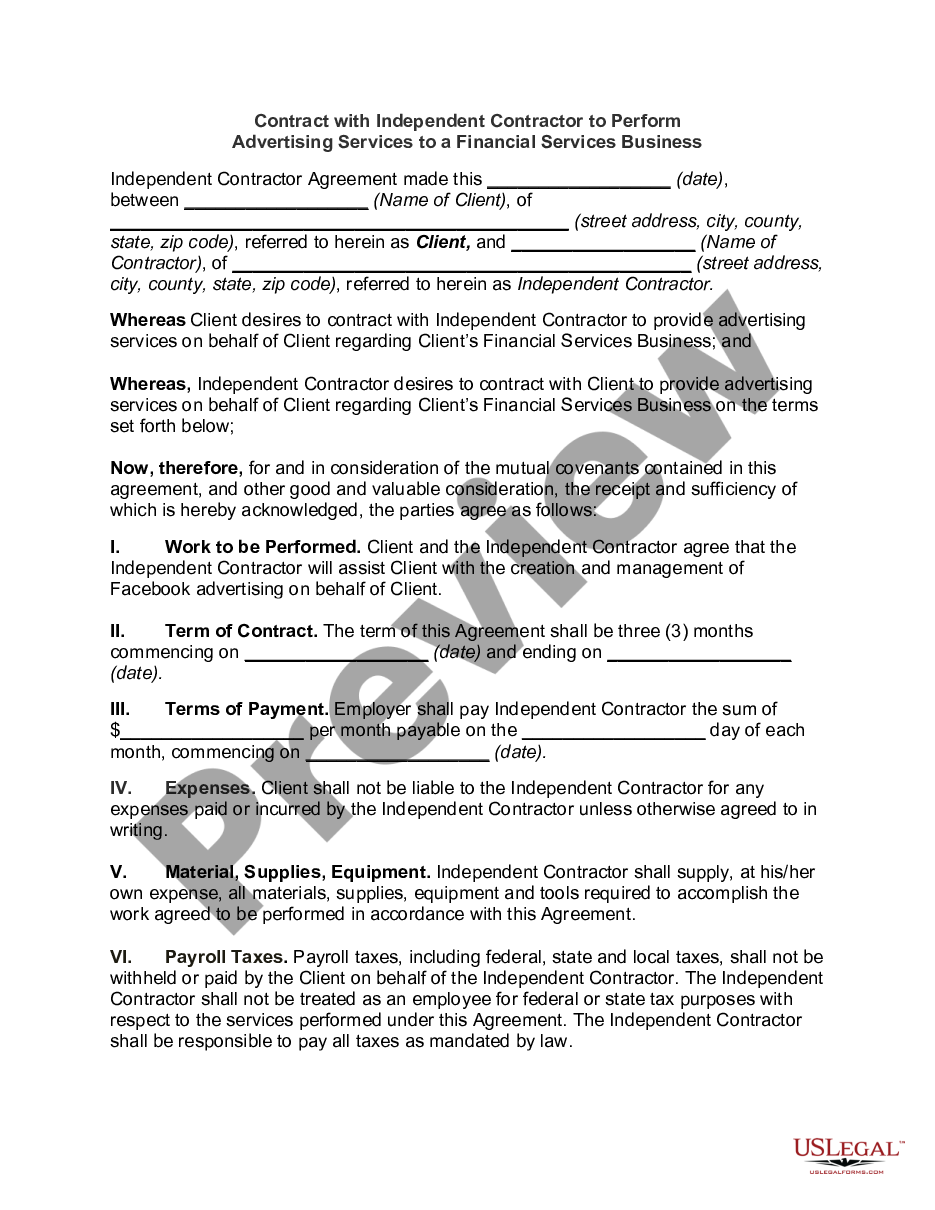 page 0 Contract with Independent Contractor to Perform Advertising Services to a Financial Services Business preview
