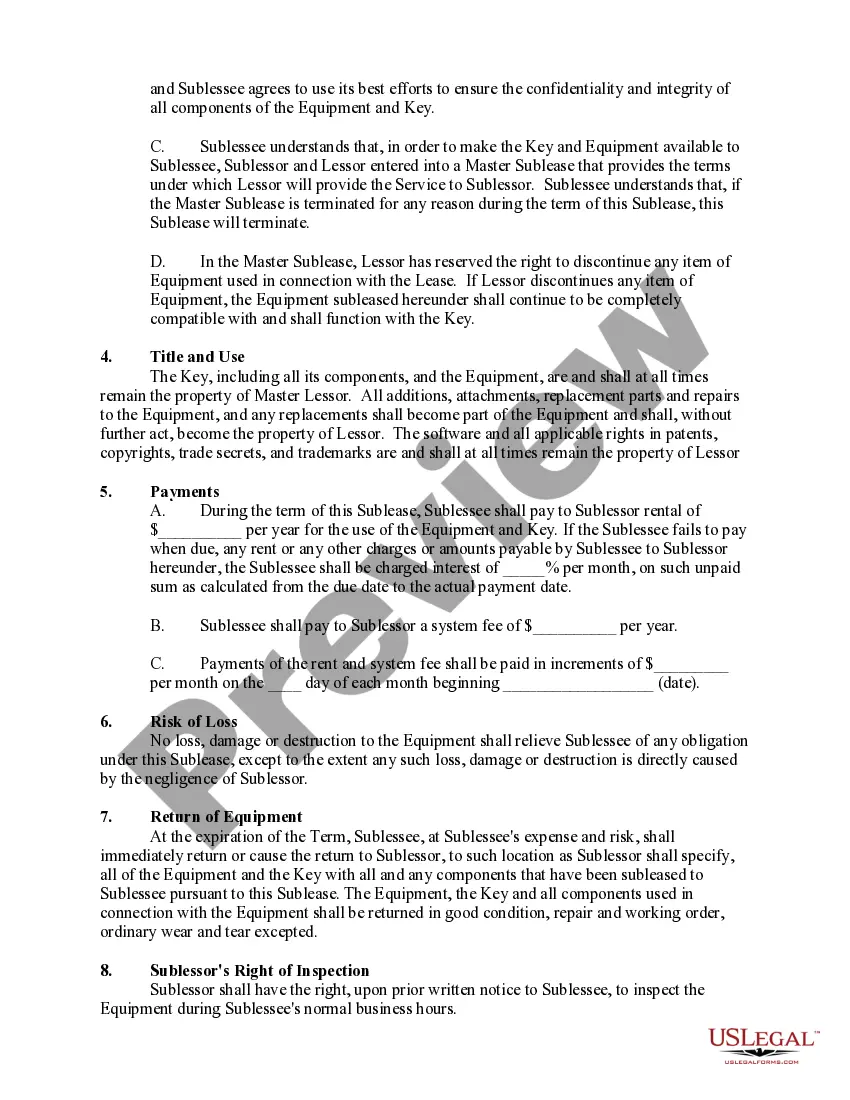 Preview Equipment Sublease of Keyholder Agreement