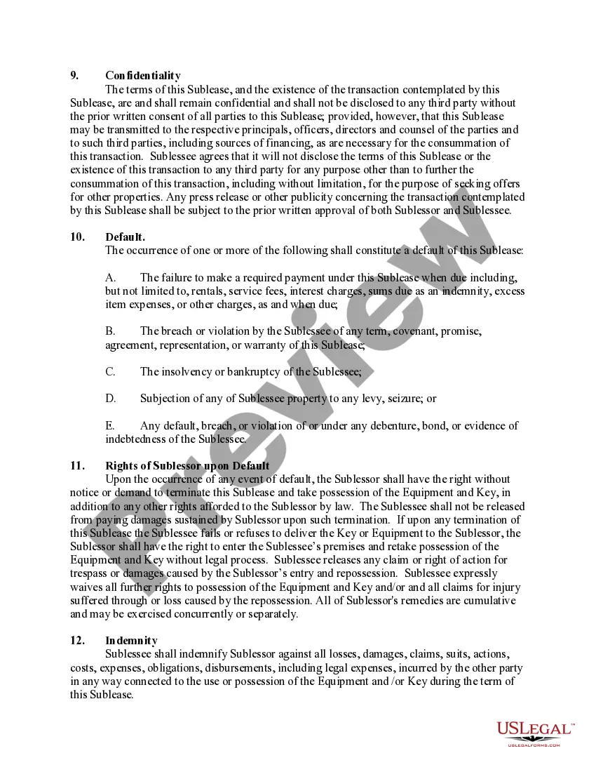 Preview Equipment Sublease of Keyholder Agreement