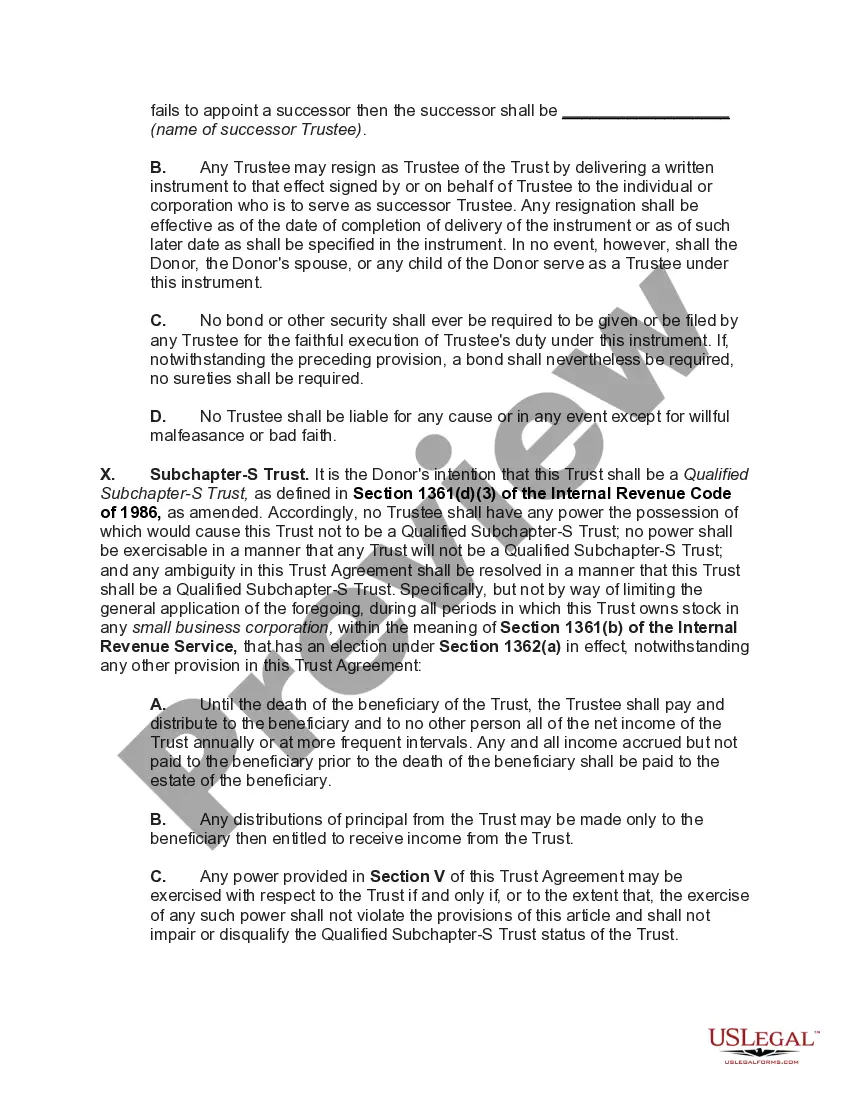 Get Qualified Subchapter-S Trust for Benefit of Child with Crummey Trust Agreement Preview Qualified Subchapter-S Trust for Benefit of Child with Crummey Trust Agreement
