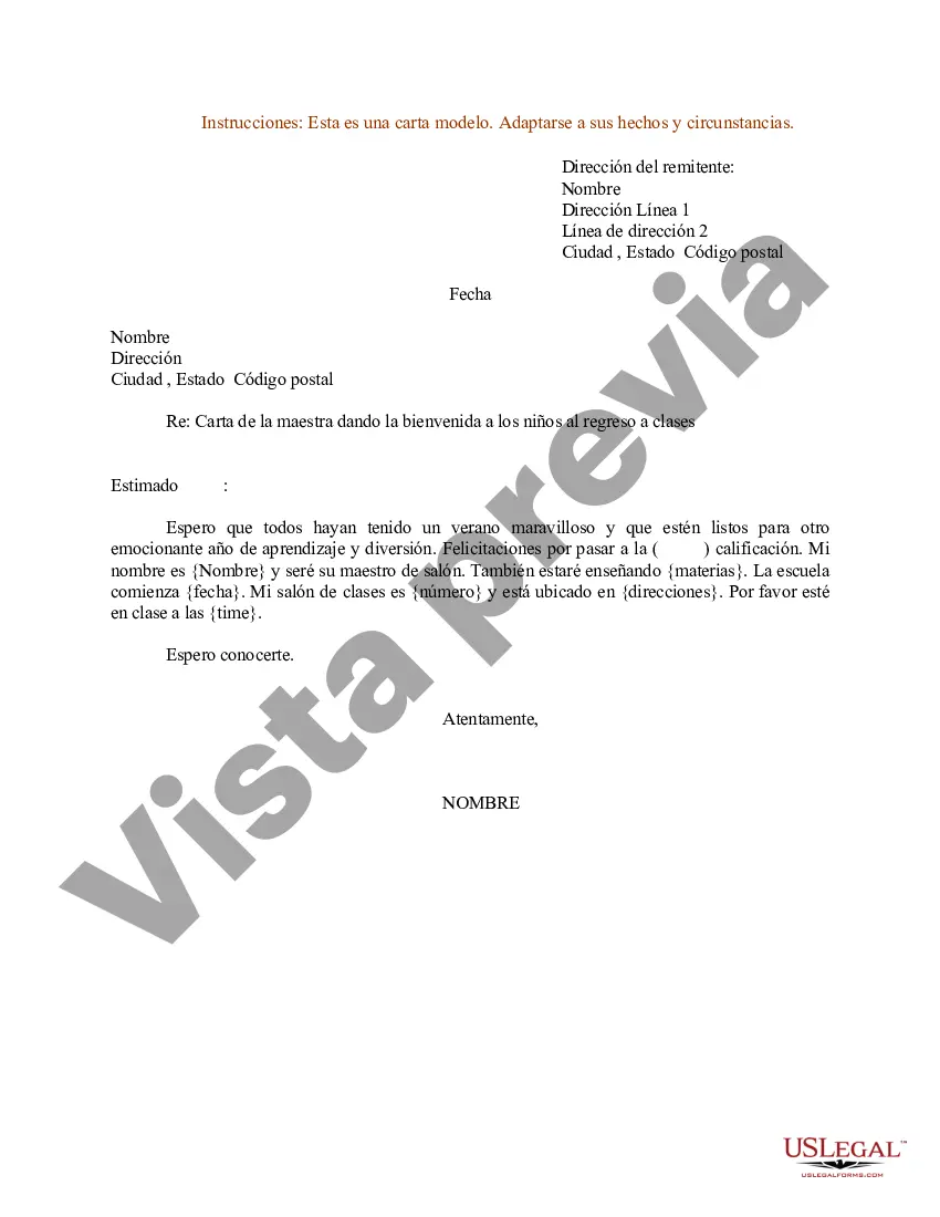 Preview Carta de muestra para el maestro dando la bienvenida a los estudiantes de regreso a la escuela