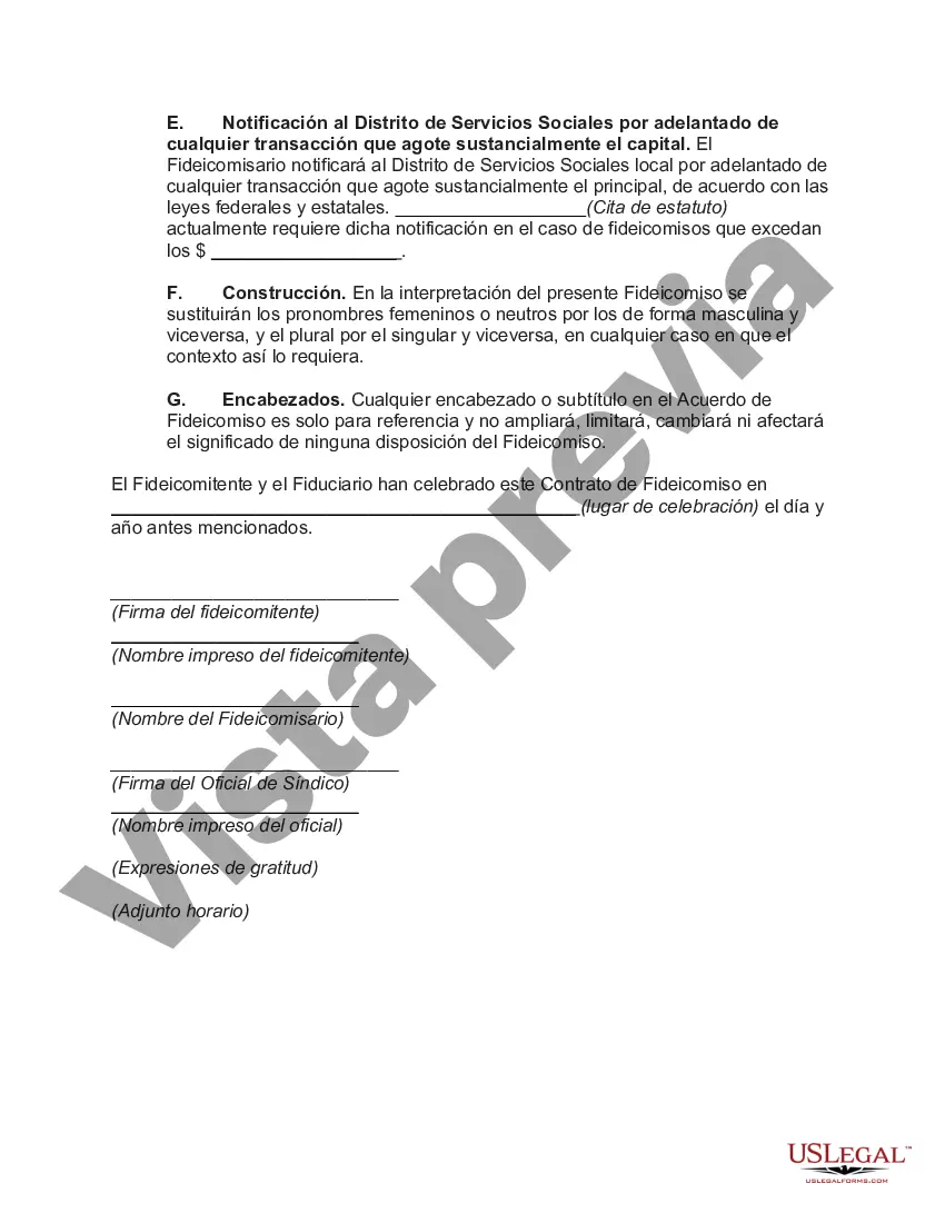 Preview Acuerdo de fideicomiso irrevocable para necesidades especiales en beneficio del hijo discapacitado del fideicomitente