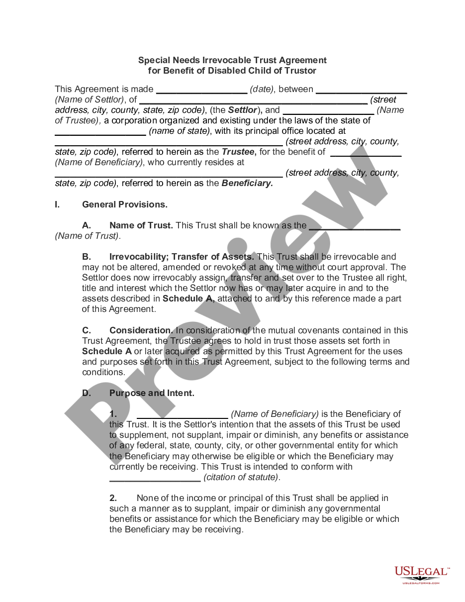 Nevada Special Needs Irrevocable Trust Agreement for Benefit of