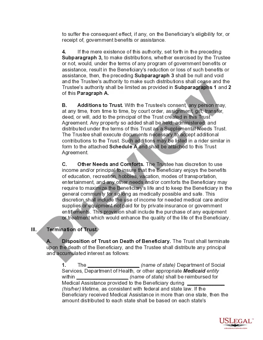 Get Special Needs Irrevocable Trust Agreement for Benefit of Disabled Child of Trustor Preview Special Needs Irrevocable Trust Agreement for Benefit of Disabled Child of Trustor